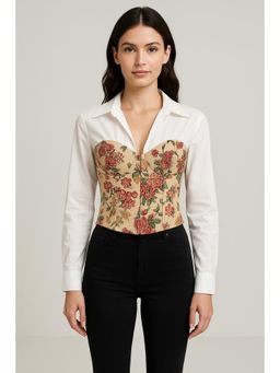 Cider - Cotton V-neck Collar Floral Patched Corset Long Sleeve Blouse