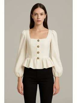 Cider - Square Neck Floral Button Ruffle Hem Long Sleeve Blouse