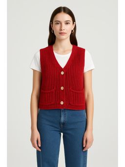 Cider - Knit V-neck Solid Button Pocket Crop Vest