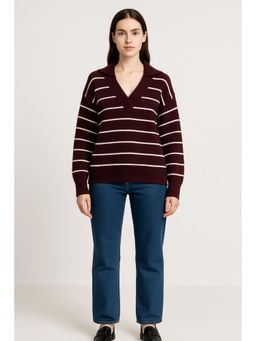 Cider - Wool-blend V-neck Striped Knitted Long Sleeve Top