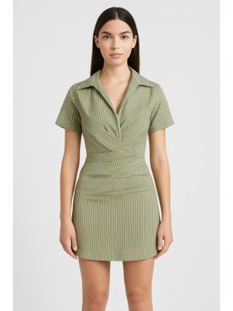 Cider - Collar Striped Ruched Shirt Mini Dress
