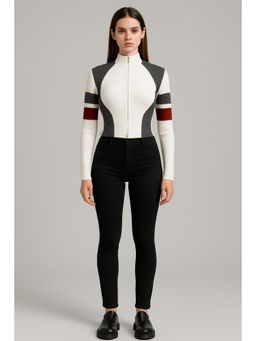 Cider - Contrasting High Neck Solid Zipper Cardigan