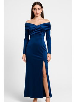 Cider - Velvet Off-shoulder Solid Split Maxi Dress