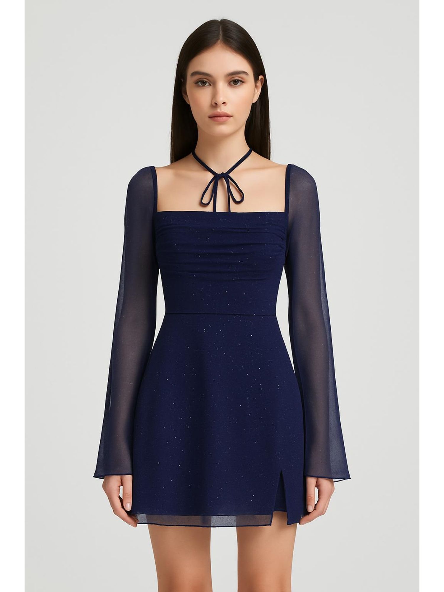cider Square Neck Solid Glitter Knotted Mini Dress-picture-16