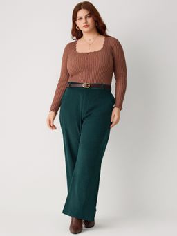 Cider - Corduroy Middle Waist Pocket Straight Leg Trousers With Belt Curve & Plus