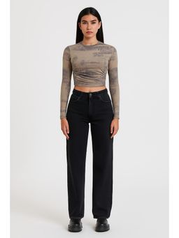 Cider - Round Neck Tie Dye Ruched Long Sleeve Crop Top