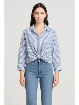 Cider - Cotton-blend Collar Striped Knotted Roll-up Long Sleeve Shirt Curve & Plus