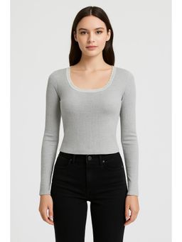 Cider - Scoop Neckline Solid Lace Trim Long Sleeve Top