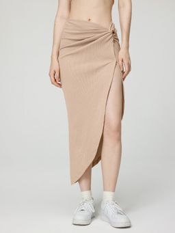 Cider - Solid Rib Ruched Asymmetrical Hem Midi Skirt