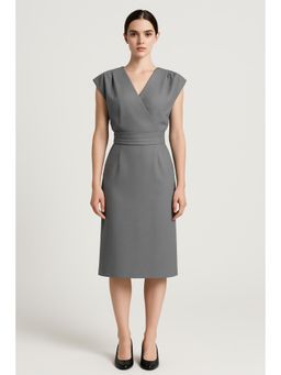 Cider - V-neck Solid Wrap Split Sleeveless Midi Dress