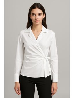 Cider - 100% Cotton Collar Solid Wrap Knotted Long Sleeve Shirt