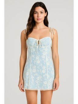 Cider - Lace Square Neck Floral Embroidery Knotted Mini Dress
