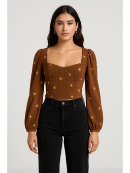 Cider - Corduroy Sweetheart Floral Embroidery Long Sleeve Crop Top