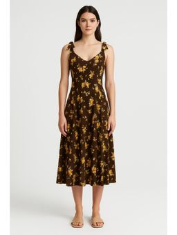 Cider - Corduroy V-neck Floral Bowknot Midi Dress