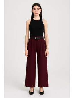 Cider - Mid Rise Plicated Wide Leg Trousers With Belt