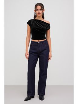 Cider - Velvet Asymmetrical Neck Solid Ruched Short Sleeve Top