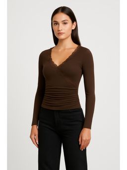 Cider - V-neck Solid Lace Trim Ruched Long Sleeve Top