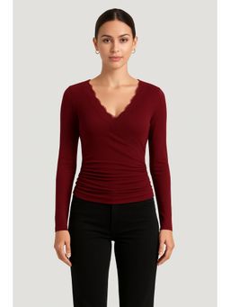 Cider - V-neck Solid Lace Trim Ruched Long Sleeve Top