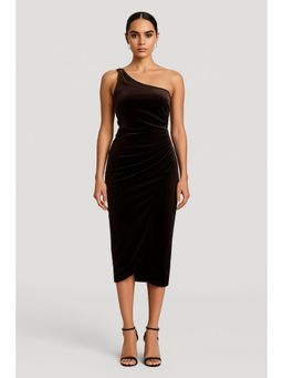 Cider - Velvet Asymmetrical Neck Solid Ruched Maxi Dress