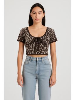 Cider - Knit V-neck Leopard Knotted Short Sleeve Crop Top