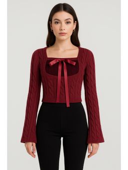 Cider - Cable Knit Round Neckline Solid Bowknot Long Sleeve Crop Top