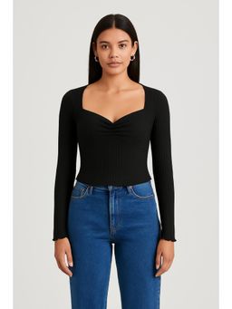 Cider - Sweetheart Neckline Solid Long Sleeve Top