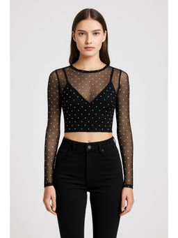 Cider - Round Neckline Polka Dot Long Sleeve Top & Solid Crop Cami Top