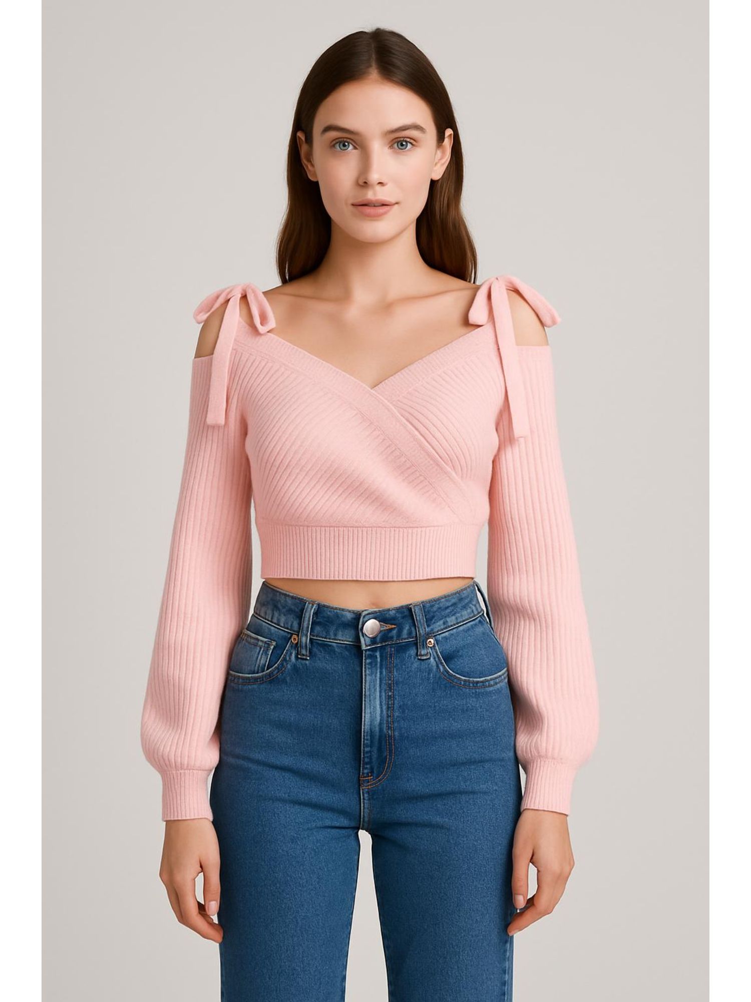 cider Knit V-neck Bow Wrap Oversized Crop Sweater-picture-13