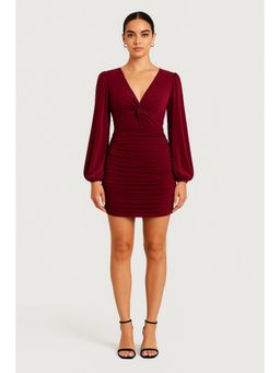 Cider - V-neck Twisted Ruched Mini Dress