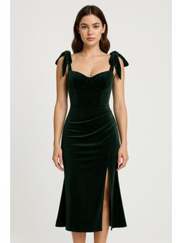 Cider - Velvet Sweetheart Neckline Split Ruched Knotted Maxi Dress