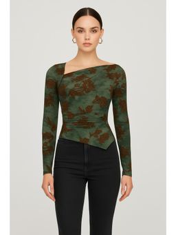 Cider - Asymmetrical Neck Floral Ruched Long Sleeve Blouse