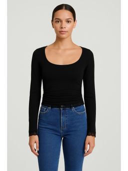 Cider - Square Neck Solid Lace Trim Ruched Long Sleeve Tee