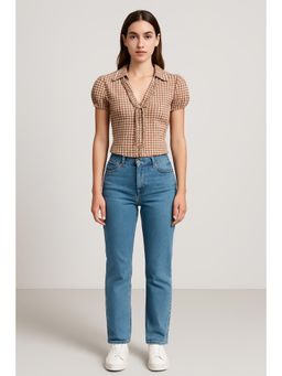 Cider - 100% Cotton V-neck Check Button Short Sleeve Blouse