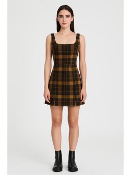Cider - Scoop Neckline Checks Zipper Mini Dress