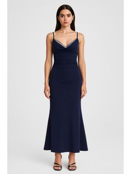 Cider - Satin Cowl Neck Solid Lace Ruched Knotted Maxi Dress