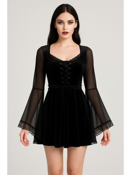 Cider - Velvet Square Neck Solid Lace Up Bell Sleeve Mini Dress