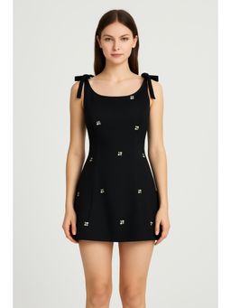 Cider - Boat Neck Floral Embroidery Bowknot Mini Dress