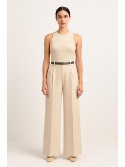 Cider - Round Neckline Solid Pocket Zipper Jumpsuit With Belt