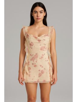 Cider - Cowl Neck Floral Ruffle Hem Mini Dress