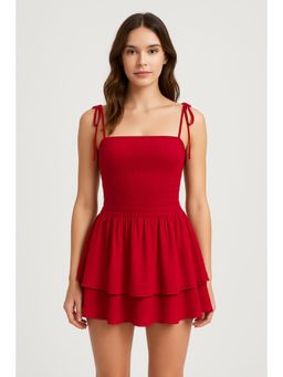 Cider - Square Neck Solid Ruched Knotted Layered Mini Dress