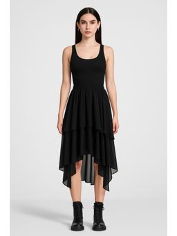 Cider - Mid Rise Solid Ruffle Asymmetrical Hem Maxi Skirt