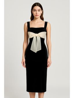 Cider - Velvet Square Neck Solid Bowknot Maxi Dress