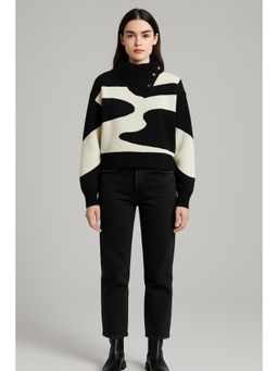 Cider - Knit Asymmetrical Neck Abstract Button Sweater