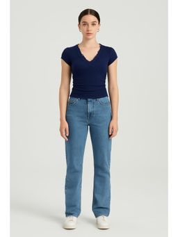 Cider - V-neck Solid Lace Trim Ruched Short Sleeve Tee