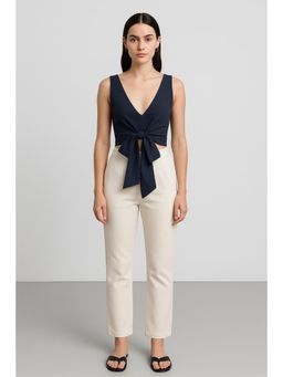 Cider - Linen-blend Boat Neck Solid Knotted Backless Tank Top