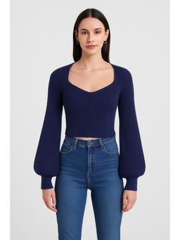 Cider - Knit V-neck Solid Lantern Sleeve Crop Top