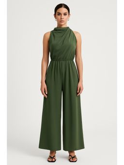 Cider - Satin High Neck Solid Zipper Pleated Wide Leg Jumpsuit