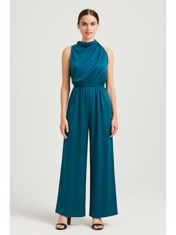 Cider - Satin High Neck Solid Zipper Pleated Wide Leg Jumpsuit
