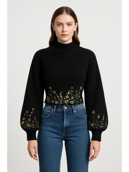 Cider - Knit High Neck Floral Embroidery Long Sleeve Crop Top