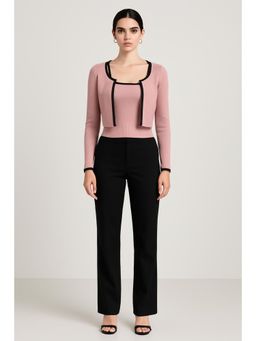 Cider - Knitted Round Neckline Solid Contrasting Binding Long Sleeve Top With Crop Cami Top